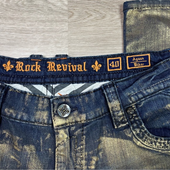 Rock Revival Gold Foiled Ayaan Biker Jeans Size 40 - Picture 9 of 16